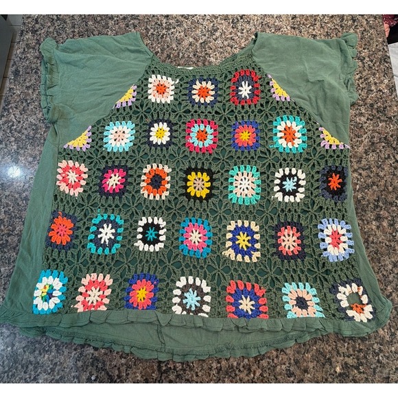 Umgee Tops - Umgee USA Womens 2XL Green Crochet Granny Square Boho Flutter Sleeve Blouse Top